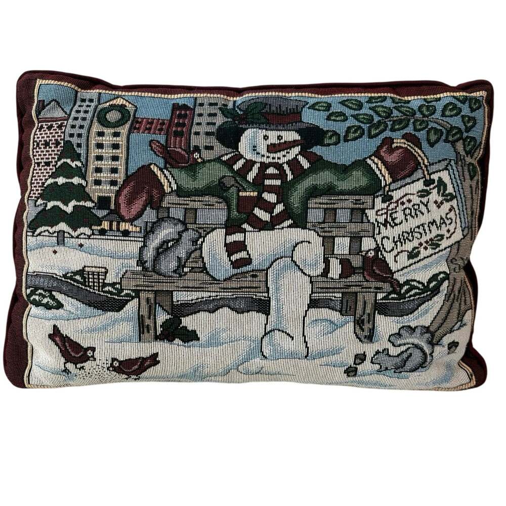 Snowman Merry Christmas Tapestry Pillow Cityscape Winter Scene Vintage Inspired